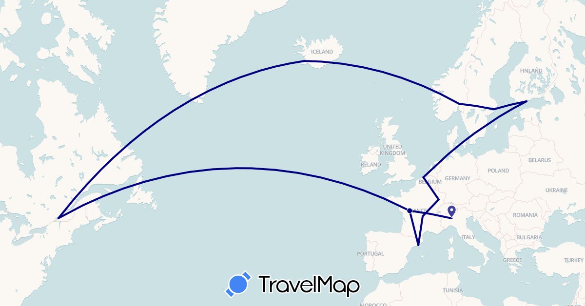 TravelMap itinerary: driving in Belgium, Canada, Finland, France, Iceland, Italy, Norway, Sweden (Europe, North America)